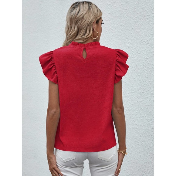 🌟 Mock Neck Lettuce Trim Ruffle short sleeve Blouse black - Picture 5 of 11